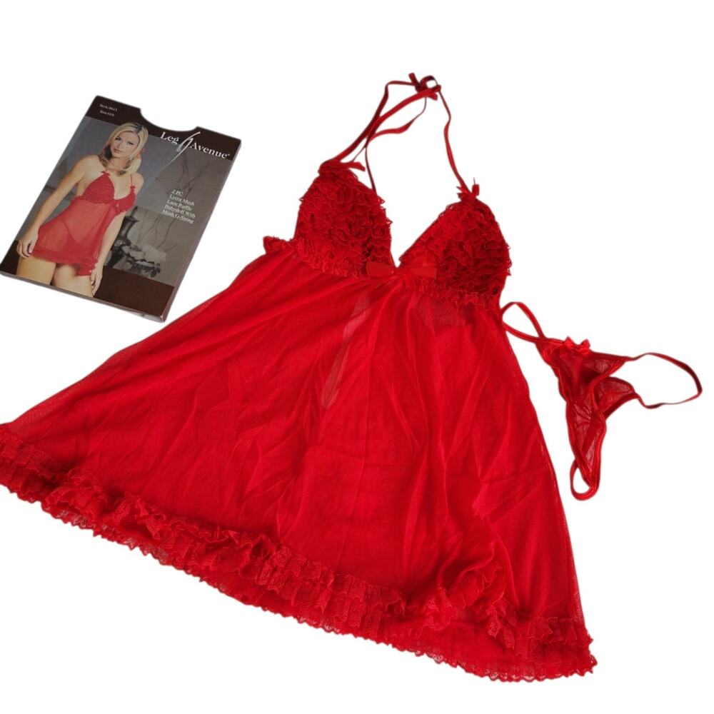 NWT Sexy Leg Ave Ruffle Sheer Mesh Red Lace Wireless Babydoll Lingerie 2pc O/S